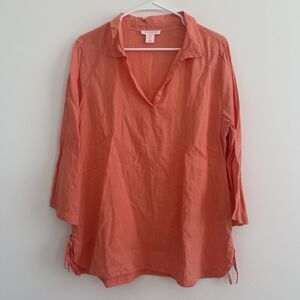 Isaac Mizrahi 100% Linen Tunic Top Blouse Coral Summer Vacation Beachy Sz Large